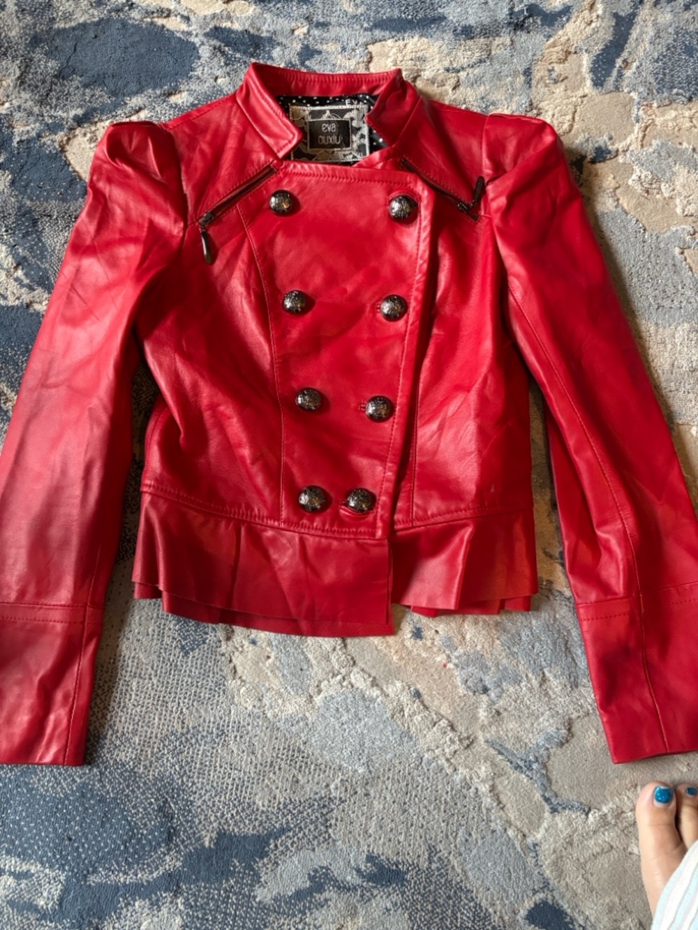 Eva Ouxiu Red Faux Leather Double-Breasted Peplum Jacket 18 inches pit- pit